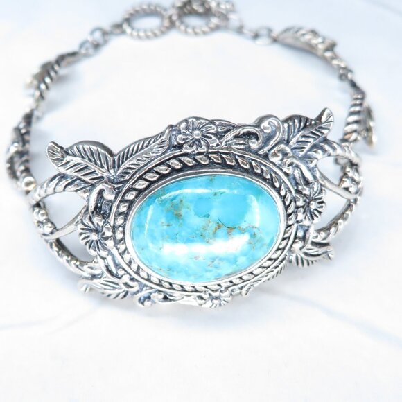 Sterling Silver Ornate Adjustable Turquoise Bracelet - Picture 6 of 11